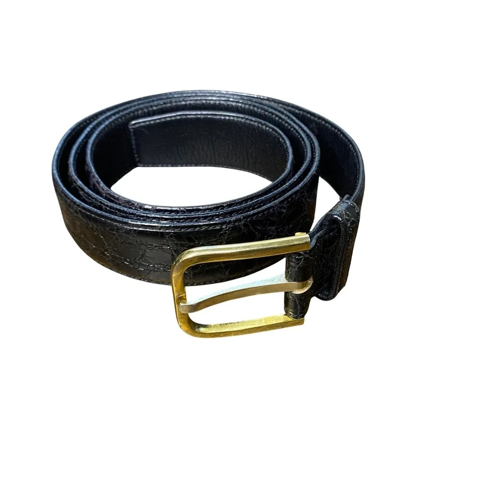 Rothschilds Mens Black Alligator Embossed Leather Belt Gold Buckle Dress Belt 38